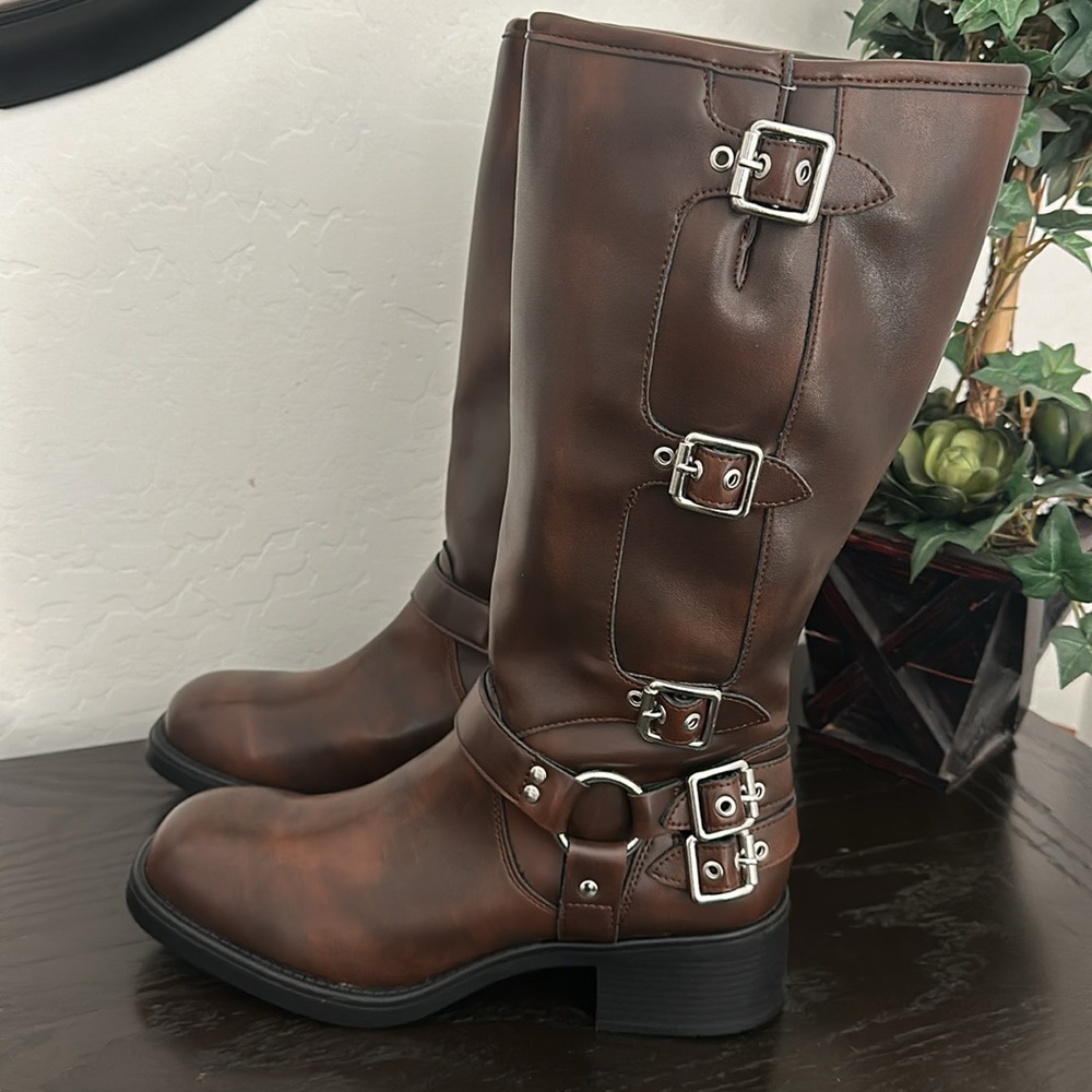 MADDEN GIRL Brown Black with Silver Buckle Tall Boots. Size 11 Vegan Leather - Picture 4 of 16